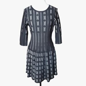 Antonio Melani Womens L Black White Fit Flare Dress Midi Minimalist Structured